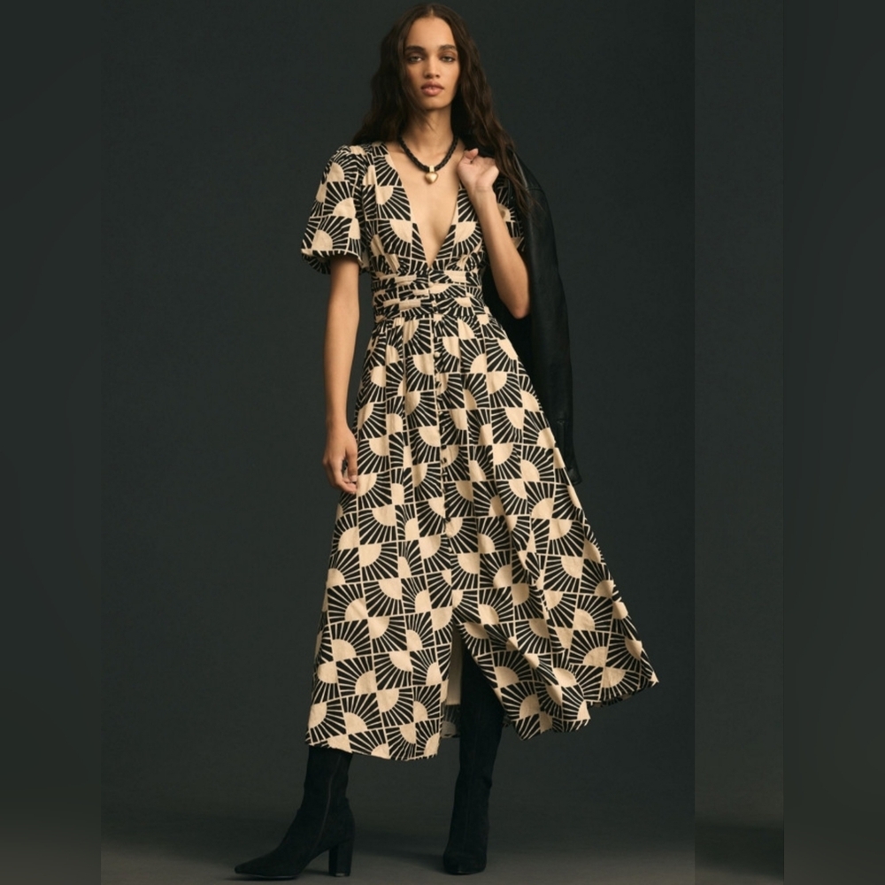 Anthropologie The Katerina Button-Front Maxi Dress Cream & Black Size S